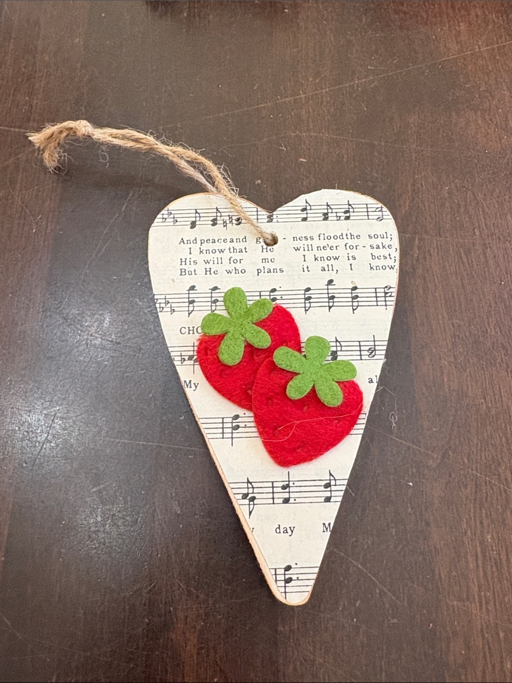 Handmade Wood Heart with Red Felt Strawberries